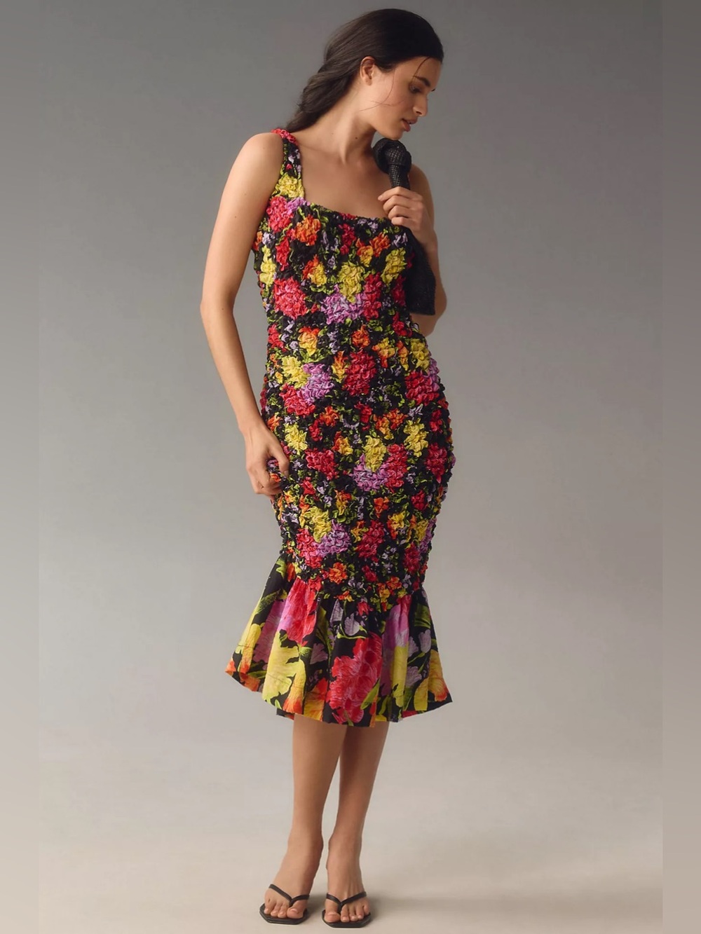 Anthropologie size L/XL L XL Square-Neck Pebble Smocked Dress FLORAL midi
